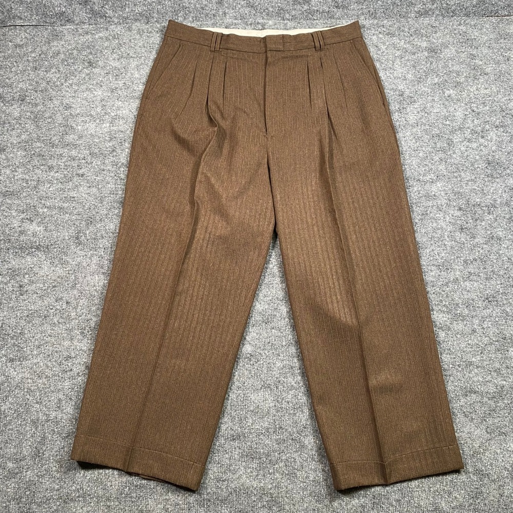 Smokey Joes Vintage Brown Herringbone Pinstripe Pleated Cuffed Trousers 36x26